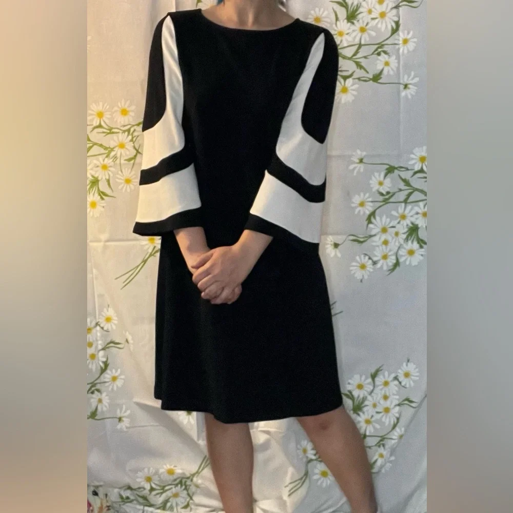 NORDSTROM MUSE black white abstract wide statement sleeves sheath midi dress - Picture 2 of 8